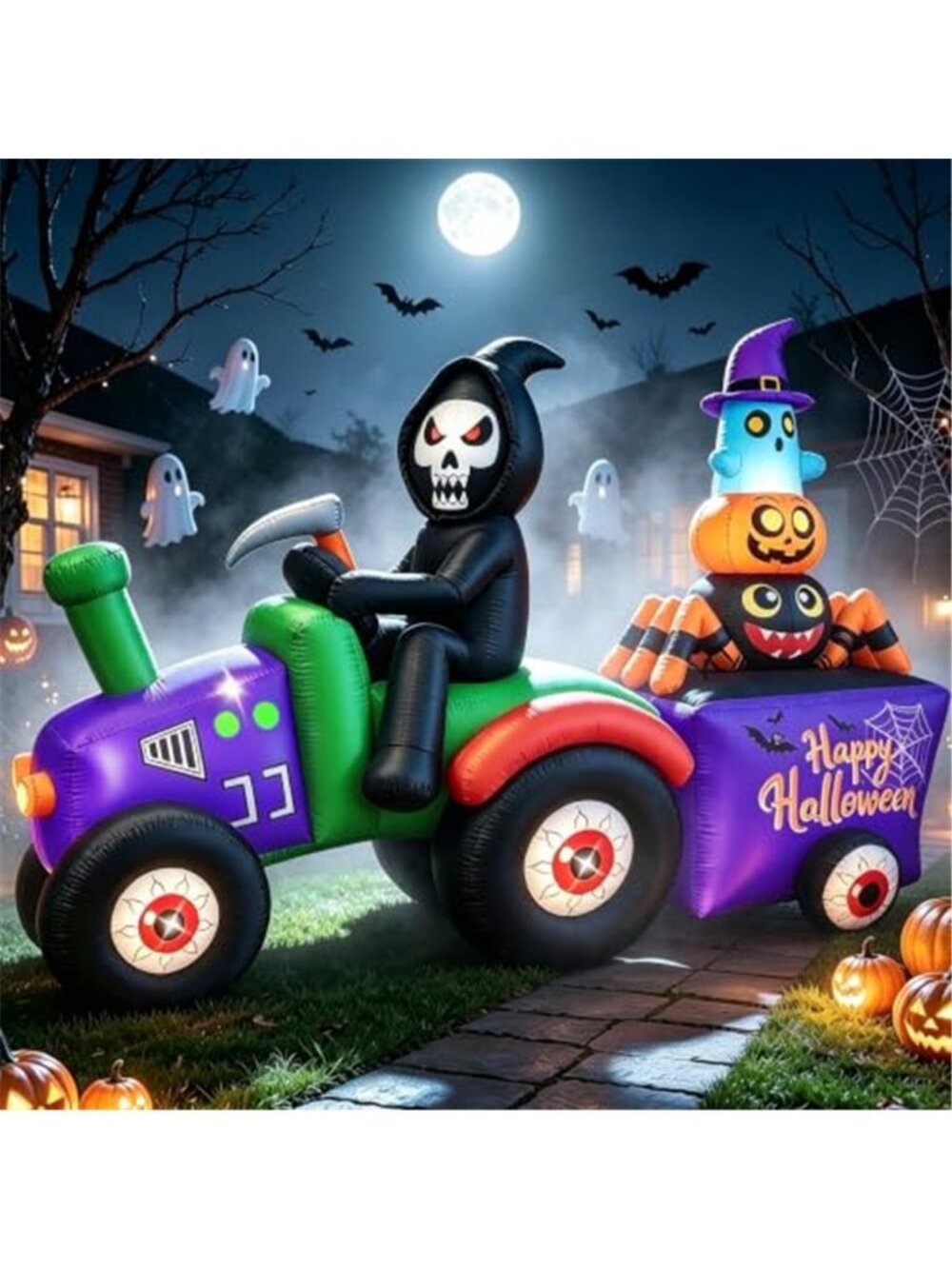 7FT Long Halloween Inflatable Grim Reaper Tractor Trailer Light